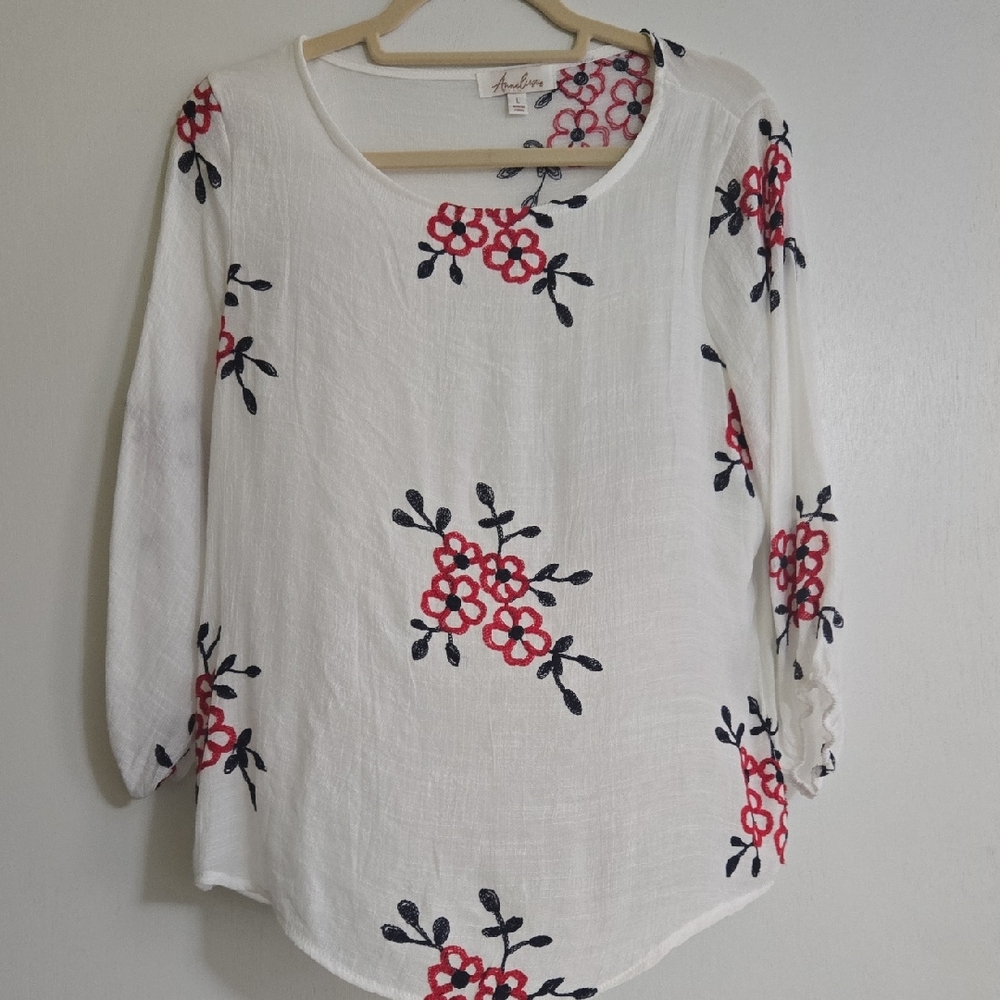Embroidered White Blouse with Red Floral Design